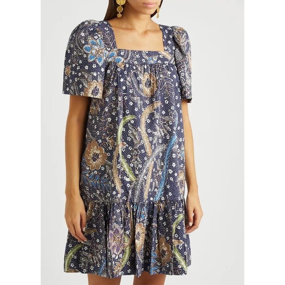 CARA CARA Janie Printed Cotton Mini Dress Size XS Puff Sleeves Square Neck Batik - Picture 10 of 10